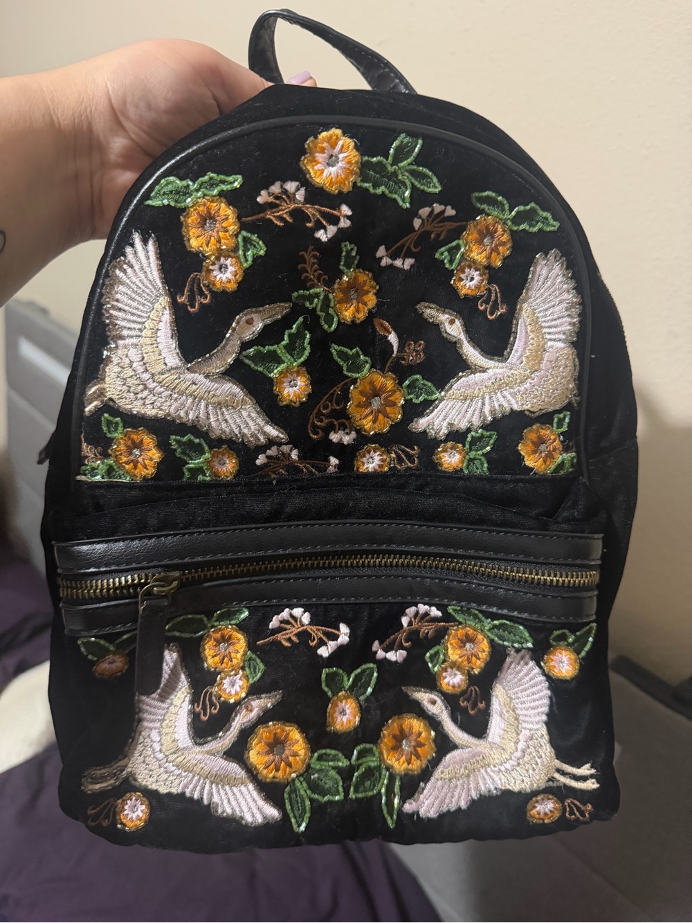 Black Embroidered Crane Floral Mini Backpack